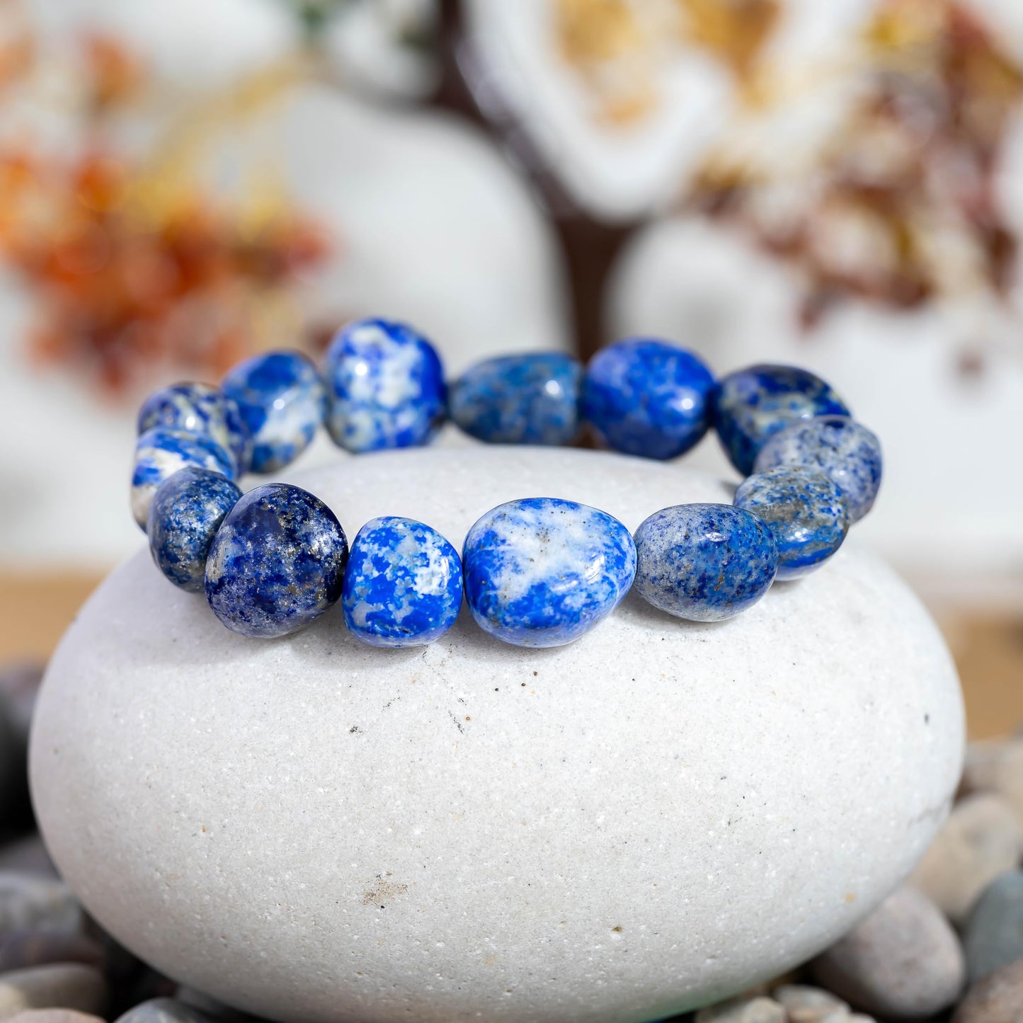 RIYAURA Lab Certified Lapis Lazuli Tumbled Healing Bracelet – 8mm Natural Gemstone Beads, Unisex Stretch Elastic Bracelet for Men & Women