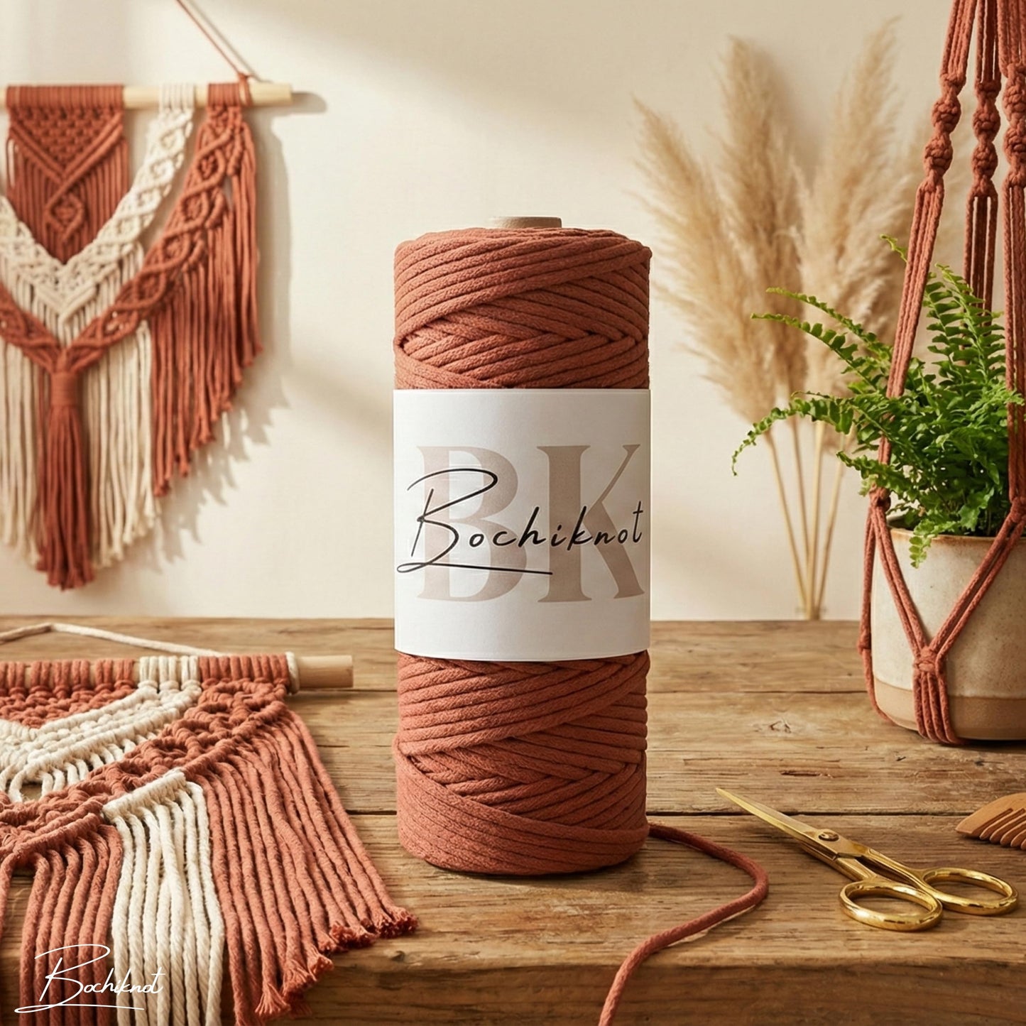 BOCHIKNOT Braided Macrame Cord 3mm x 109yds - Braided Rope for Macrame Wall Hanging Plant Hanger - 3mm Braided Macrame Cord - Cotton Macrame Cord for Crafts (Terracotta)