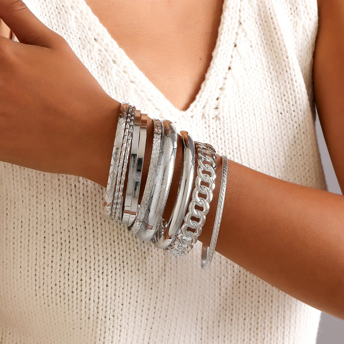 AYWFCBF Silver Bangles for Women, 10 Pcs Boho Stackable Bracelets Multi Layer Textured Chunky Bracelets Jewelry Set for Women