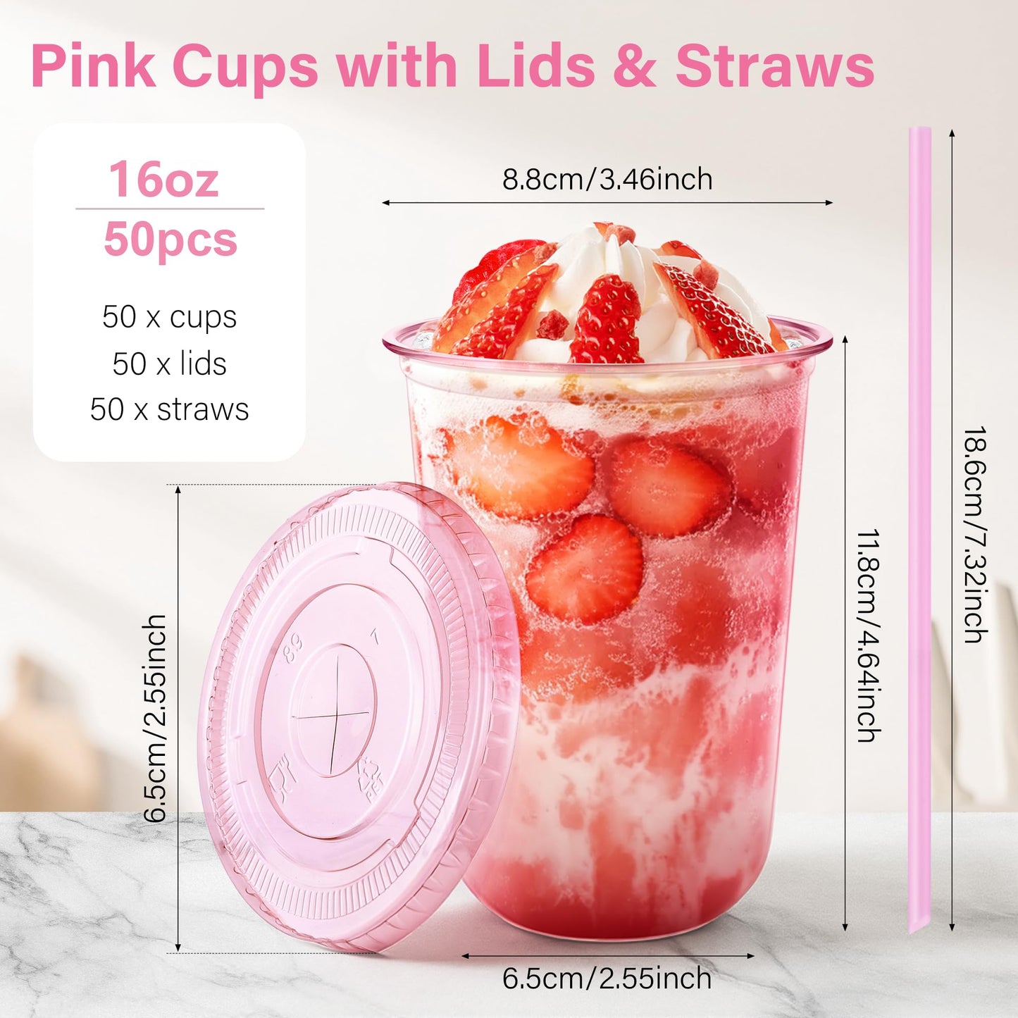 KesaPlan 50 Pack 16 oz Pink Plastic Party Cups with Lids and Straws, Disposable Iced Coffee Cup with Lids, Round Bottom Drinking Cups for Birthday Wedding Valentine's Galentine's Bachelorette Party