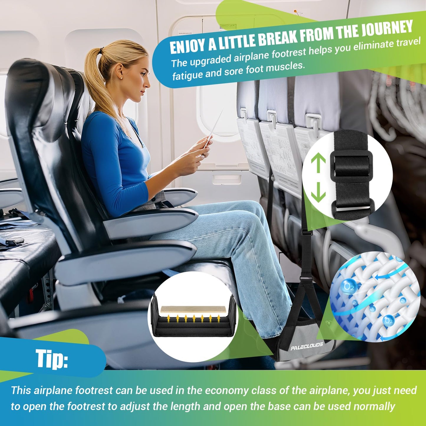 Foot Hammock for Plane Travel, No Collapse Thickened Bamboo Airplane Foot Rest for Long Flight, Desk Foot Hammock with Extended Adjustment Strap to Relax Your Feet, Foot Sling Travel Essentials