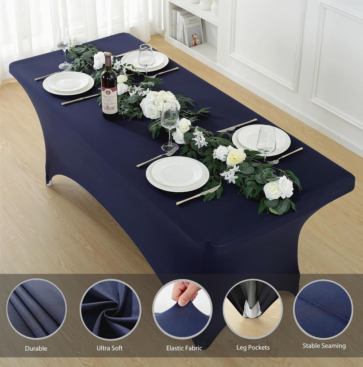 Craft And Party 2 Pack 8ft Navy Blue Spandex Tablecloth – Fitted Stretch Cover – Universal Fit for Folding Tables – Wrinkle-Free, Washable – Ideal for Parties, Weddings, Events