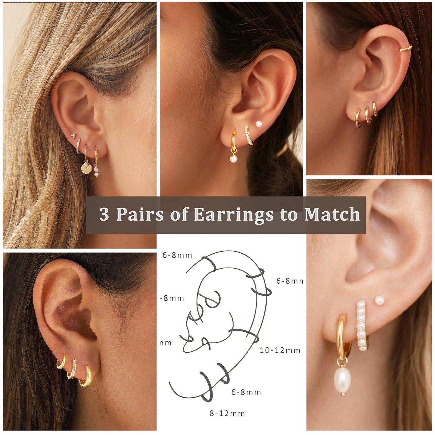 DORANA Gold Pearl Hoop Earrings for Women Non Tarnish Small Huggie Earrings 925 Hypoallergenic Cartilage Stackable Sleeper Hoops Gold Stacks Sets for Multiple Piercing,3 Pairs