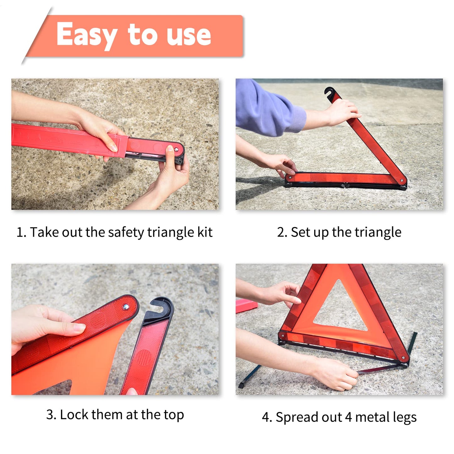 DEDC Car Safety Triangle Warning Kit, Set of 4 Roadside Emergency Kit with Reflective Warning Triangle,Visibility Roadside Vest, LED Road Flares Emergency Lights