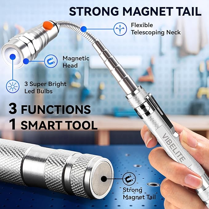 VIBELITE Extendable Magnetic Flashlight with Telescoping Magnet Pickup Tool-Cool Gadget Christmas Gifts Stocking Stuffers for Men, Husband, Dad, Father, Mechanic, Tech, Handyman, Him Women, Silver