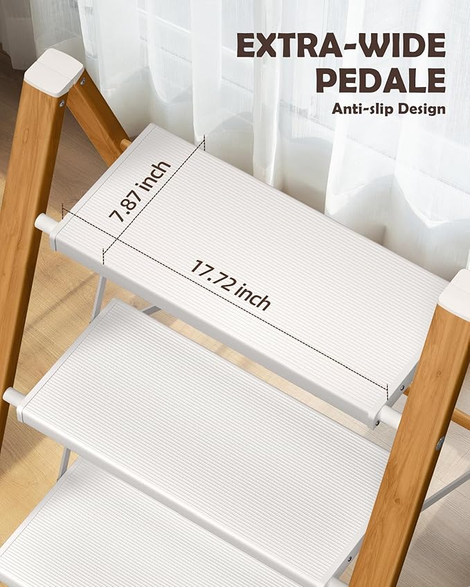 Taranta 3 Step Ladder,Aluminum Lightweight Folding 3 Step Stool with Anti-Slip Super Wide Pedal,330lbs Capacity Step Ladder for Household,Kitchen,Office - White Woodgrain
