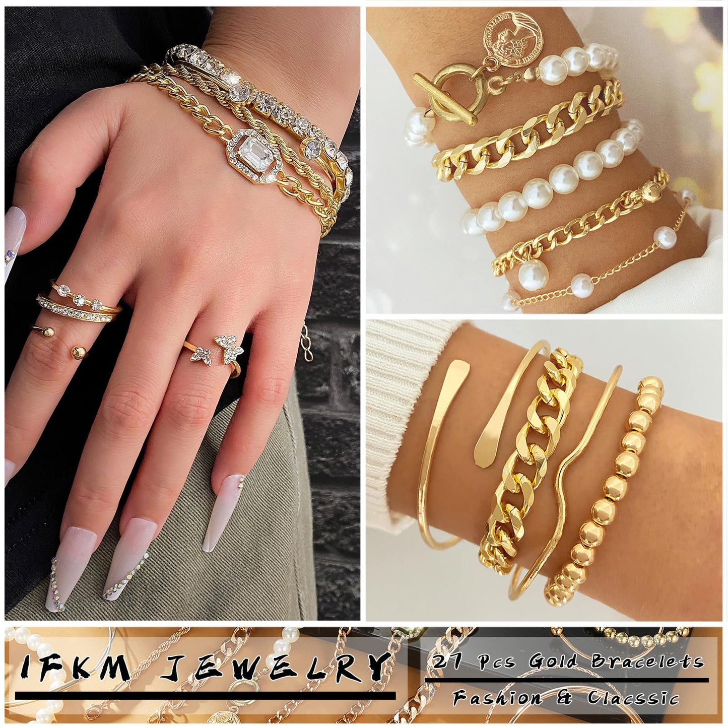 IFKM 6 Pack (27 Pcs) 14K Gold Plated Stackable Open Cuff Bangle Chain Bracelets Set for Women