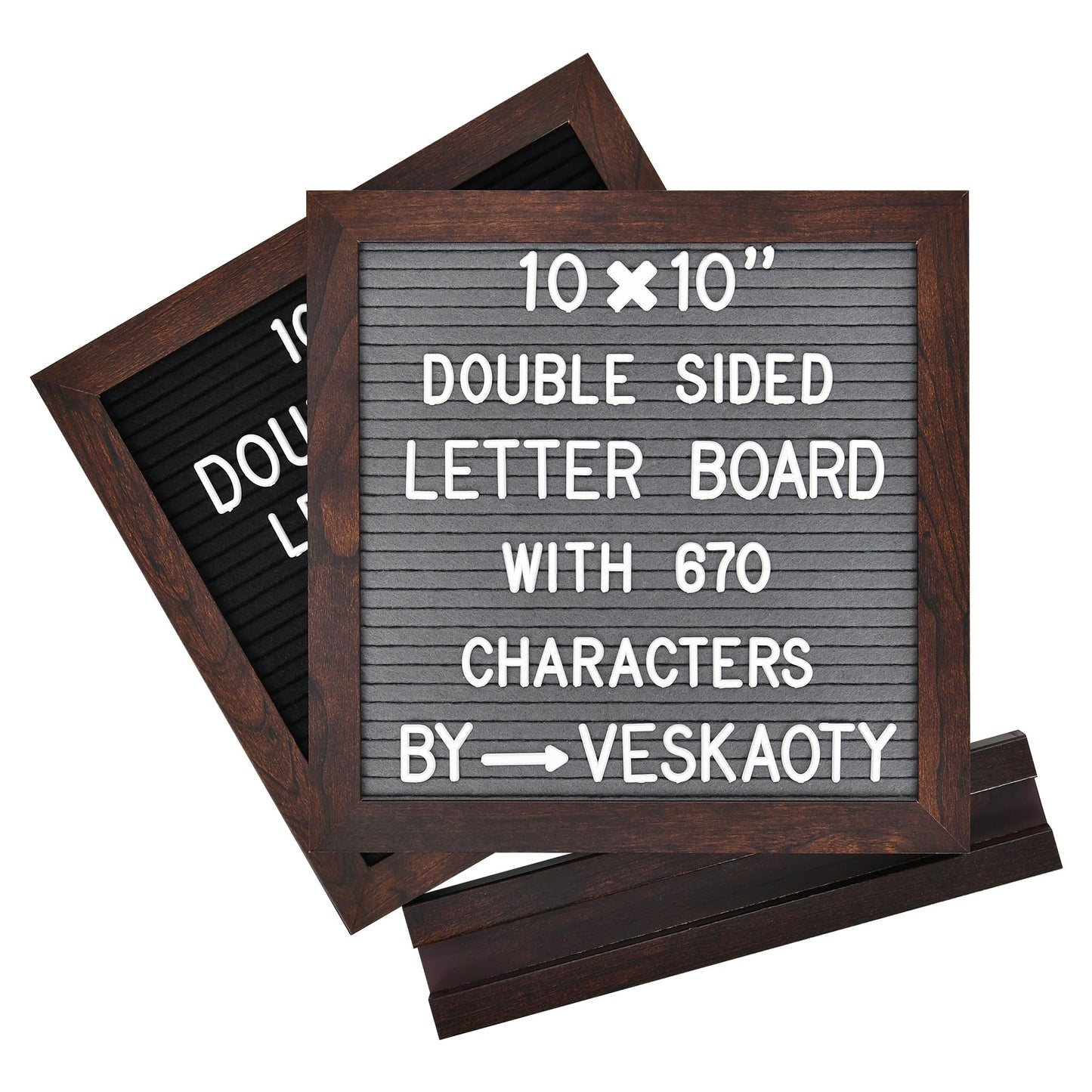 Double Sided Felt Letter Board with 670 Letters, Numbers & Symbols - 10 x 10 inch Changeable Message Board with Wooden Base (Black & Gray)