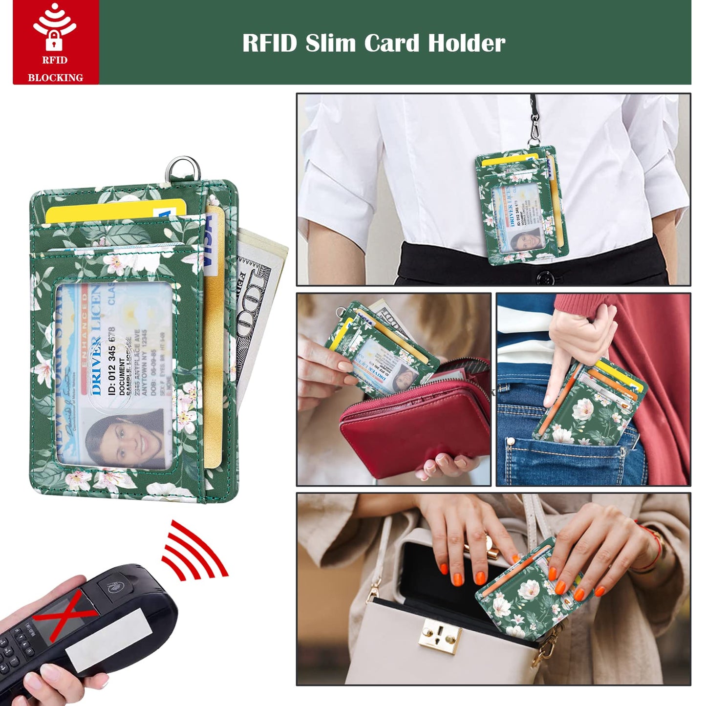 Coco Rossi Slim Front Pocket Wallet RFID ID Card Holder Cute Small Wallet with Wrist Lanyards Key Chain Holder for Women,Alpine Green