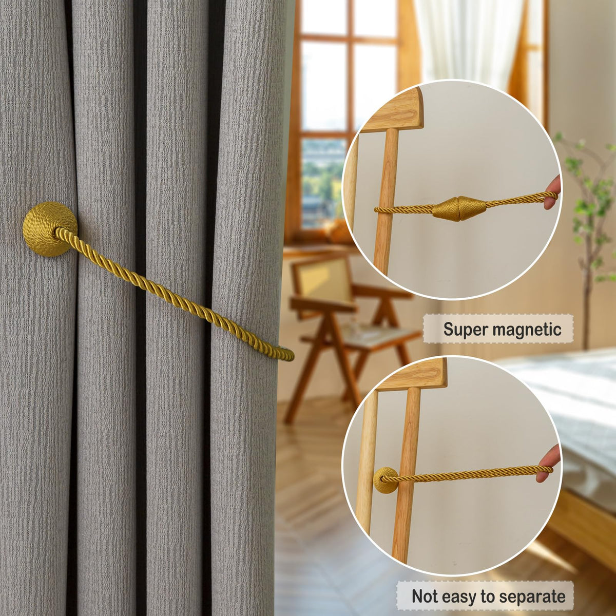 Magnetic Curtain Tiebacks 4 Pack Outdoor Rope Curtain Tie Backs Decorative Window Treatment Holdbacks for Home Decorative Curtain (4 Count)