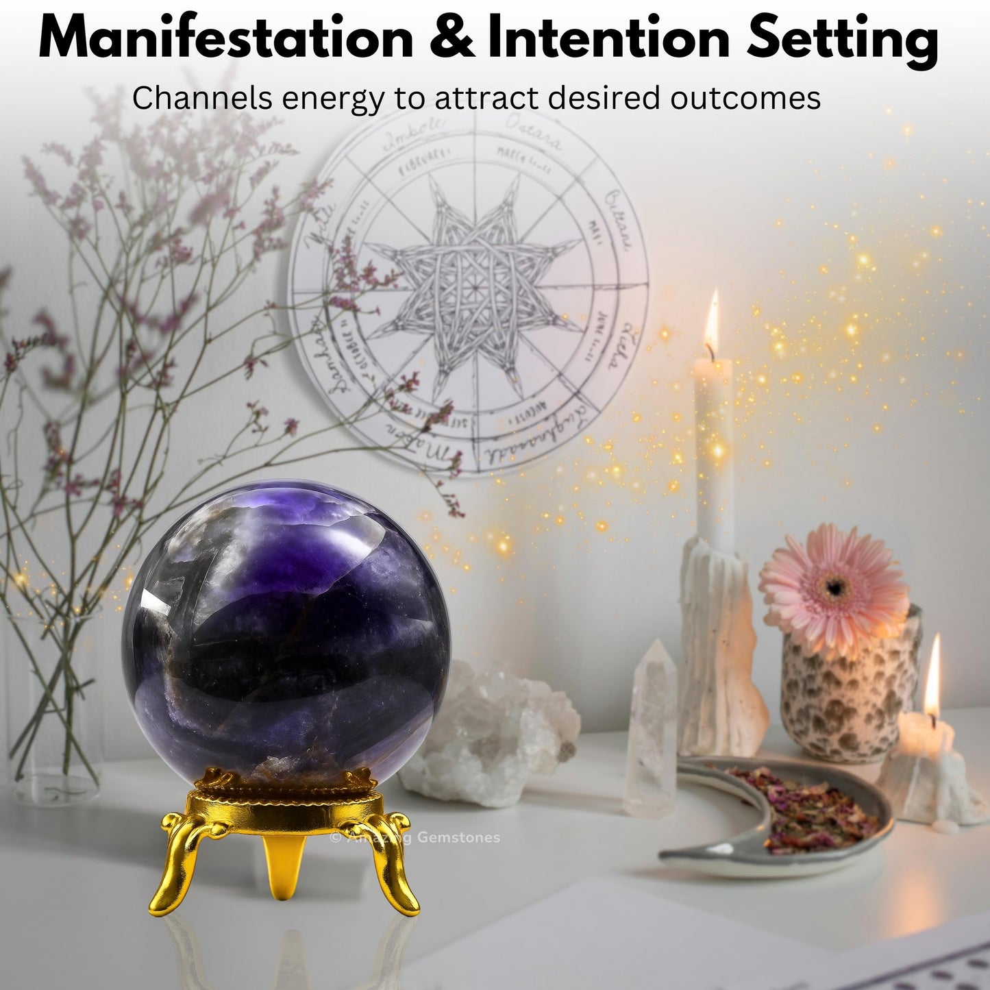 Amazing Gemstone Amethyst Chevron Crystal Ball with Stand - 2" Inches Crystal Sphere Meditation Balls for Witchcraft and Decorative Balls