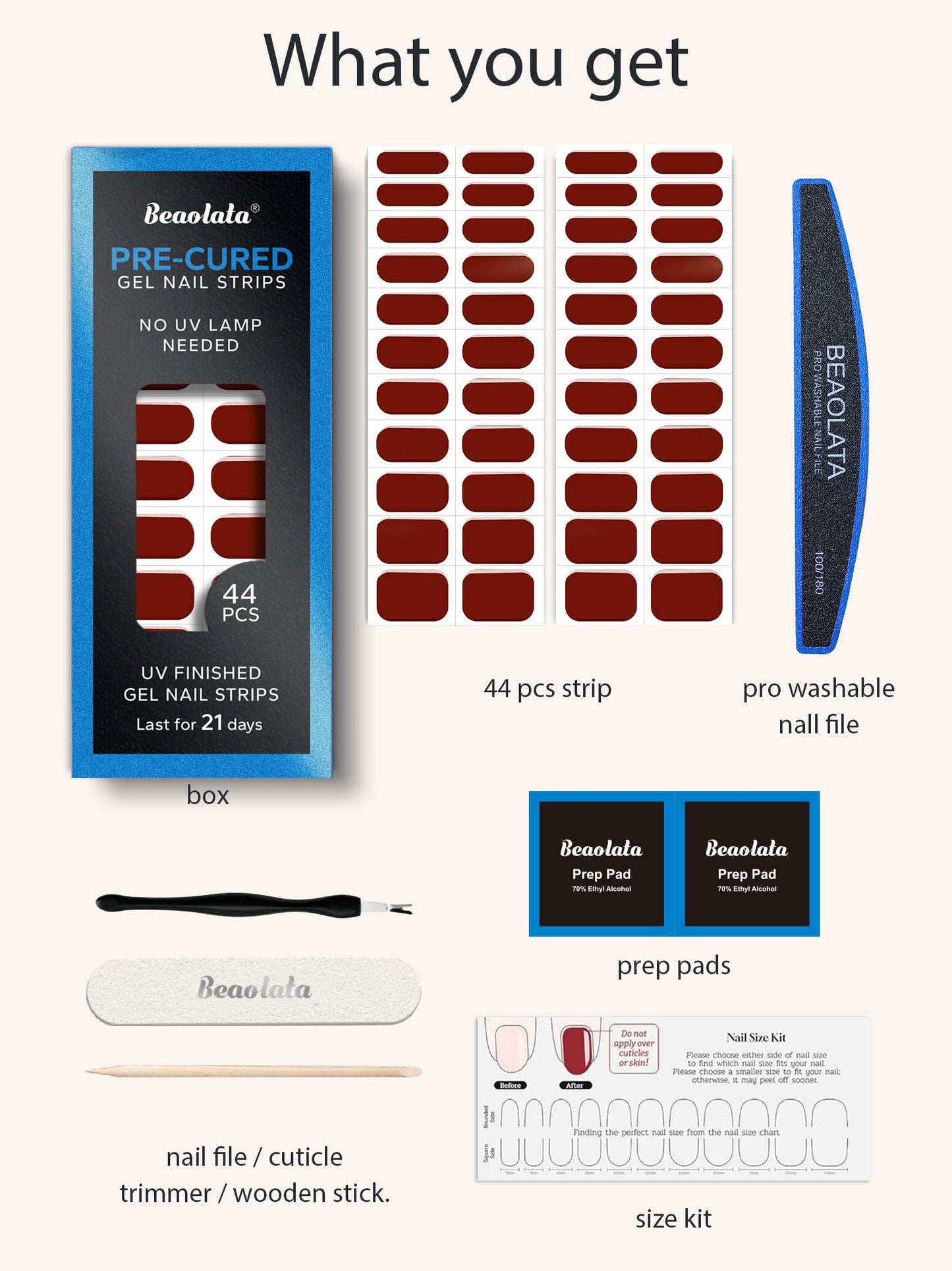 Beaolata Real Gel Nail Strips (No UV Light Needed) - 44Pcs Salon Quality Nail Stickers - Long Lasting Polish Wraps for Women, Easy Apply & Remove (Red Berries)