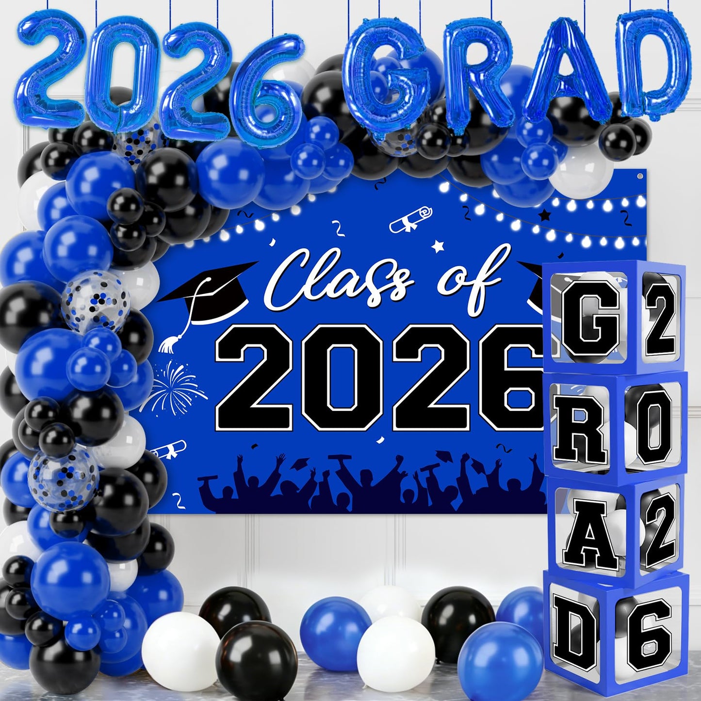 Graduation Decorations 2026, Blue Black Graduation Party Decorations 123pcs Balloon Boxes with Letters, Balloon Arch Kit and Backdrop for 2026 Grad Decor Class of Party Supplies
