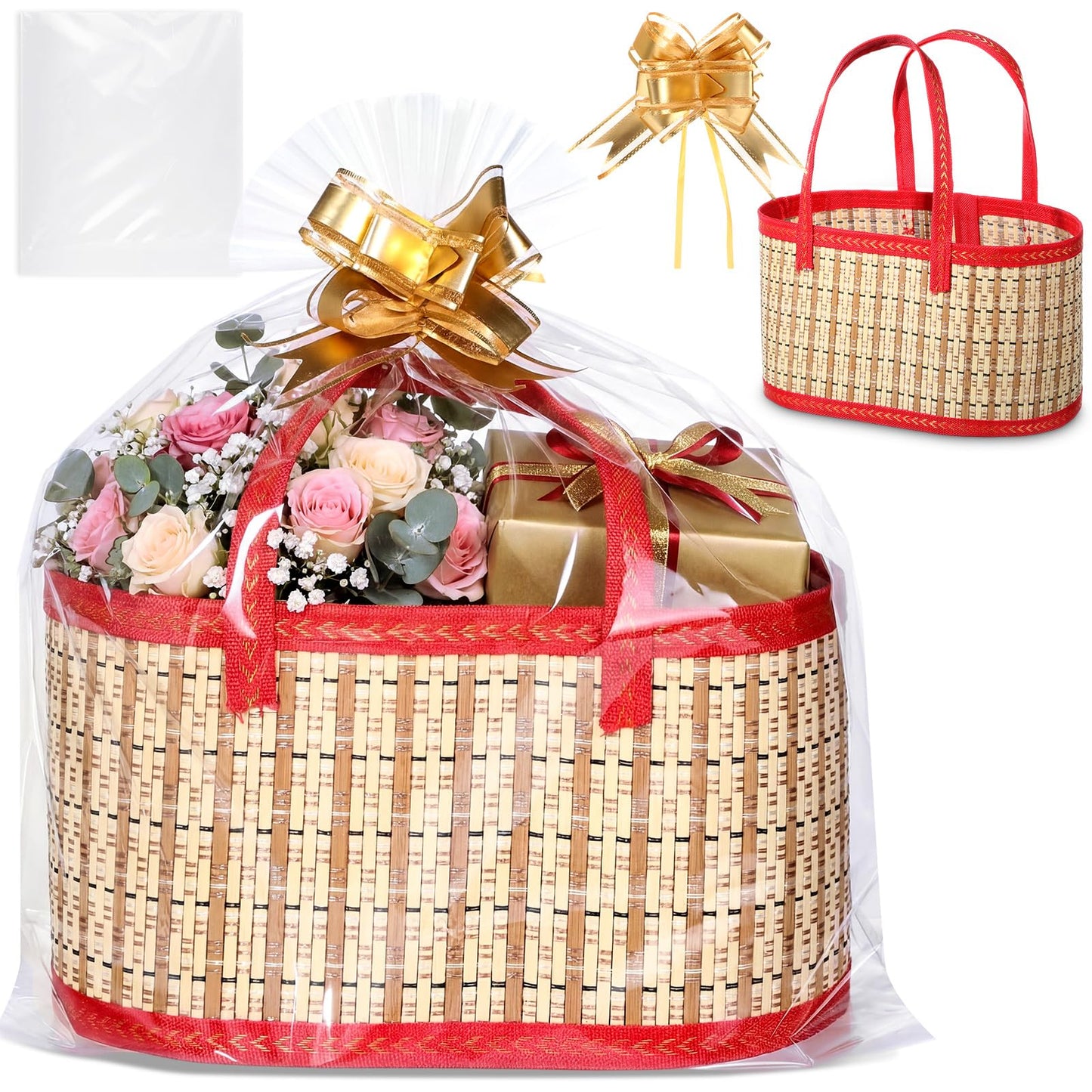Reallnaive 1 Set Empty Gift Baskets to Fill, Elegant Bamboo Woven Basket with Handle, Includes Cellophane Wrap Bag and Pull Bows, Foldable DIY Gift Basket Kit for Baby Shower, Raffle, Gifts