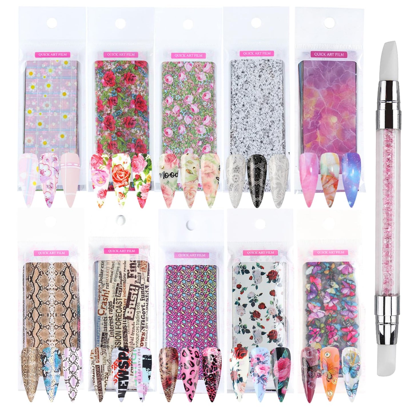 GZMAYUEN 100 Sheets Nail Foil Transfer Sheets, 4 * 20CM Lace Flower Leopard Print Nail Foil Transfer Sticker Kit, 1 Pcs Nail Art Engraving Pen Silicone Pen