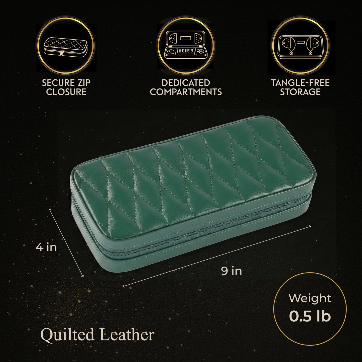 Bey-Berk Diamond-Quilted Leather Travel Jewelry Case, Green, 9" x 4" x 1.75"