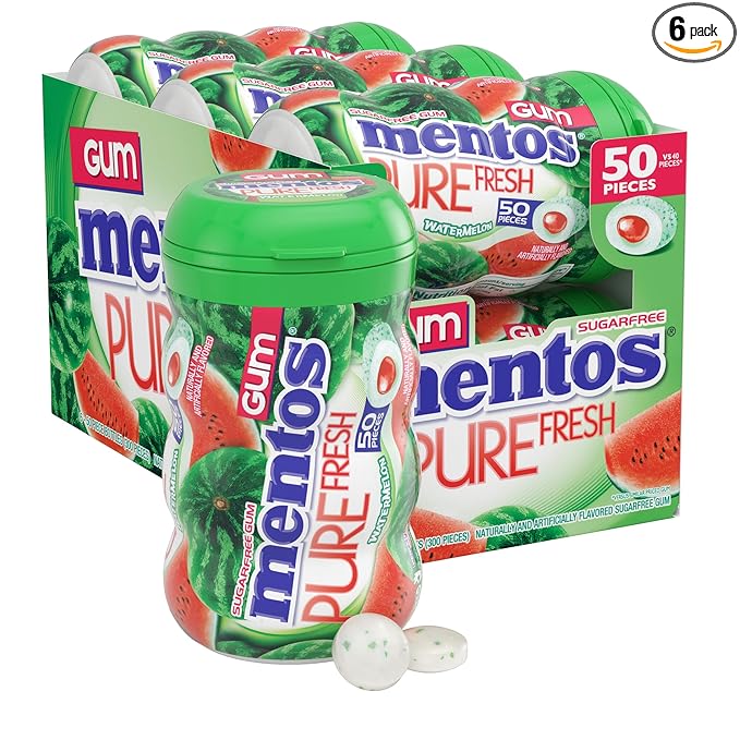 Mentos Pure Fresh Sugar-Free Chewing Gum with Xylitol, Watermelon, Bulk, 50 Piece Bottle (Pack of 6)