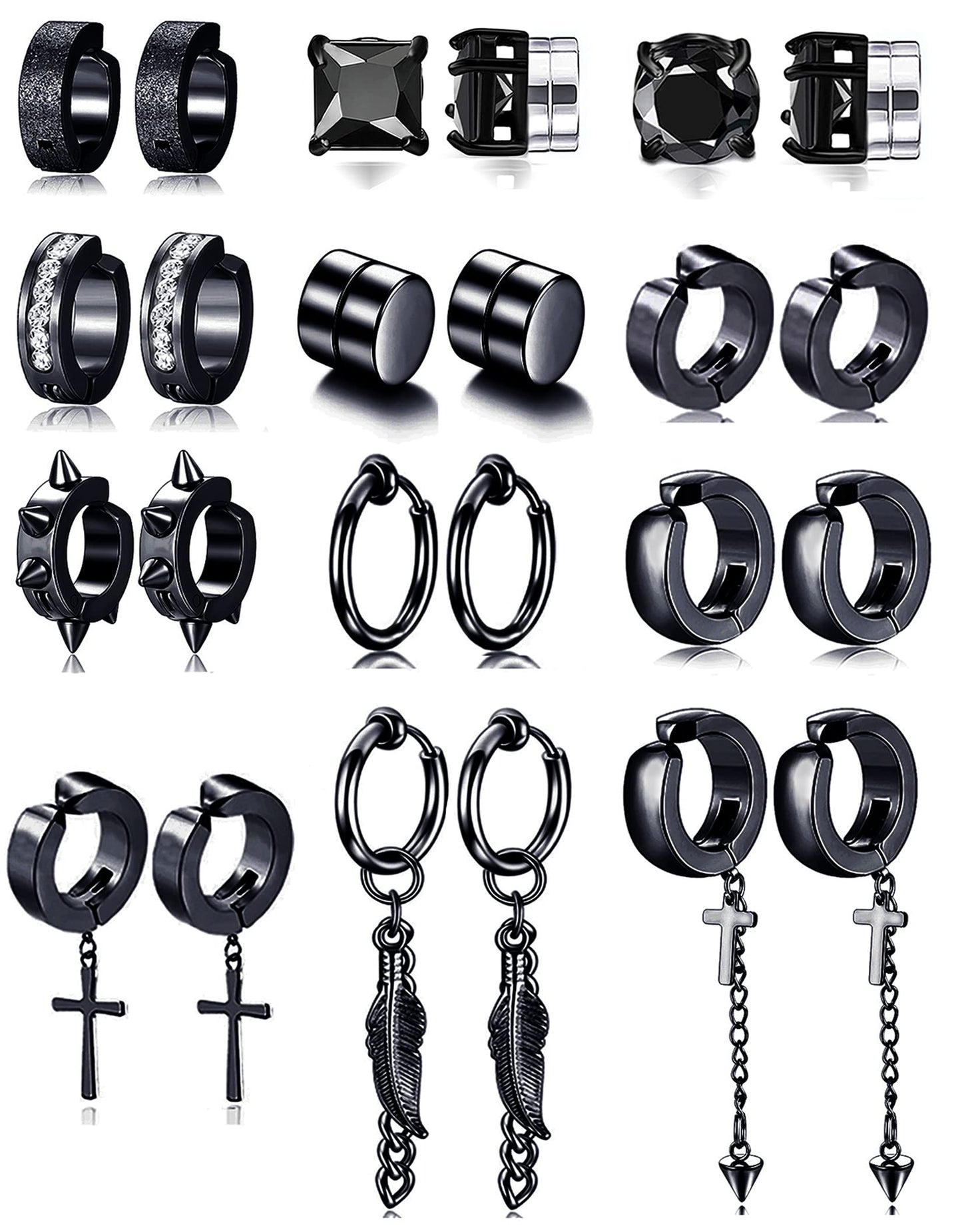 Ofeiyaa 12 Pairs Magnetic Stud Earrings Stainless Steel CZ Hoop Punk Feather Dangle Hinged Non-Piercing Earrings Clip on Magnet Earring Set for Women Men Black Plated