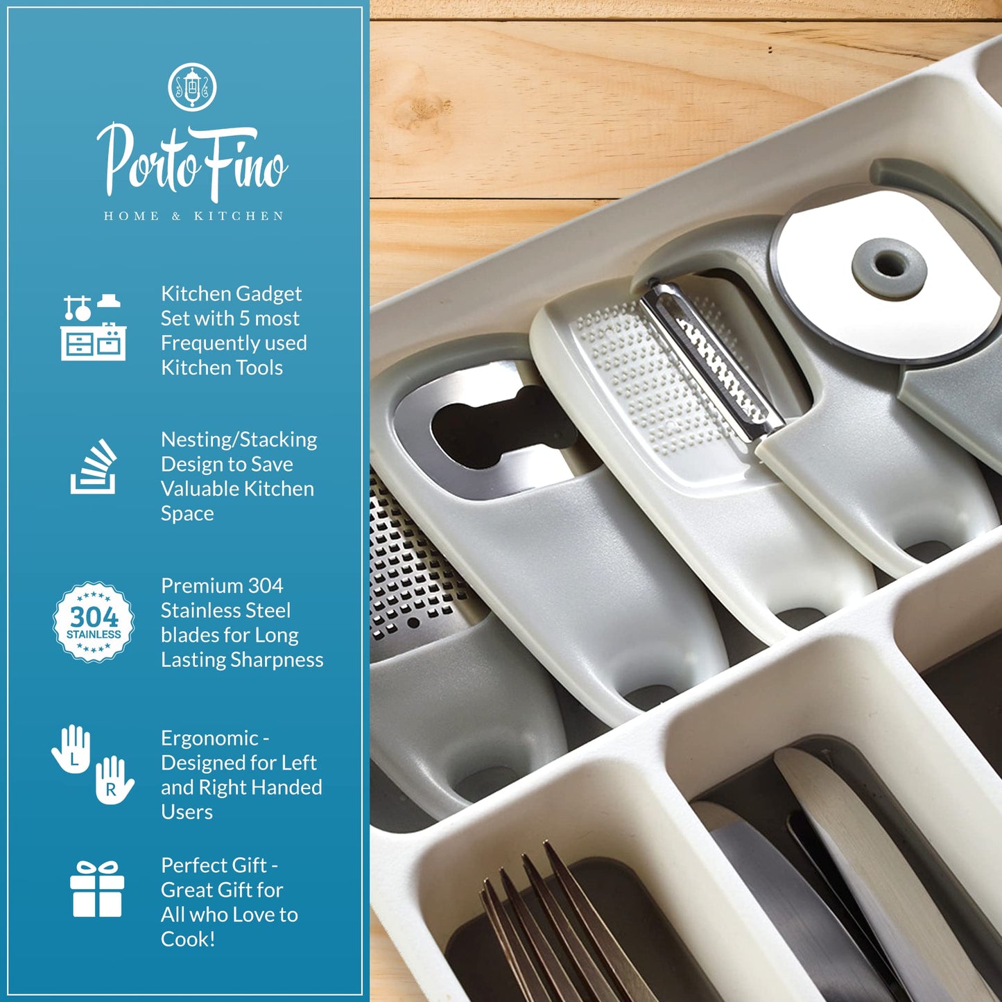 PortoFino Kitchen Gadgets Set 5 Pieces, Includes Pizza Cutter, Cheese Grater, Vegetable Peeler, Bottle Opener, Garlic Grinder, RV Kitchen Accessories, Space Saving Design, Dishwasher Safe