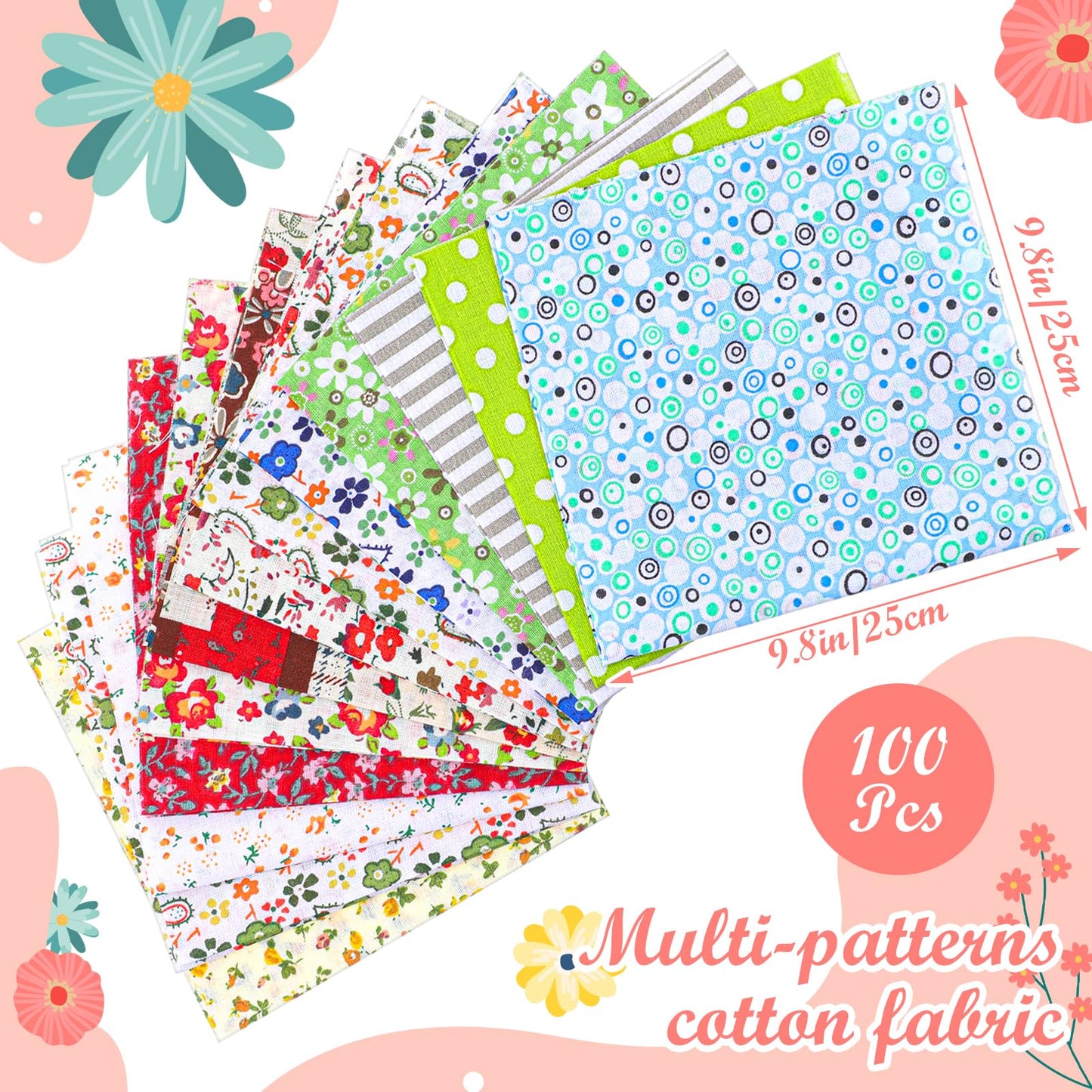 Kifmurase 100 Pieces 10 x 10 Inches Cotton Fabric Squares, Precut Quilting Fabric Bundles Layer Fat Floral Patchwork Fabrics for DIY Crafts Sewing Beginners Cloths Handmade