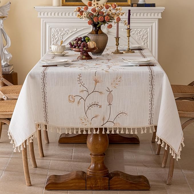 Joyfol Day Rustic Square Table Cloth, Heavy Duty Linen Florals Embroidery Tablecloths, Farmhouse Waterproof Tablecloth, Wrinkle Free Table Cover with Tassels, Coffee Berry, 55''x 55''