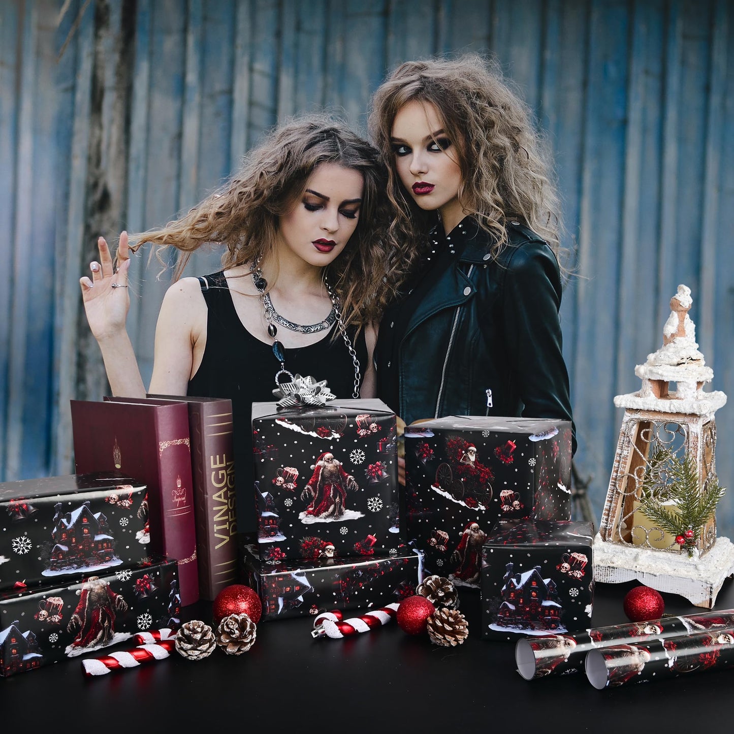 Dtiafu Gothic Christmas Wrapping Paper Roll Black Horror Christmas Santa Claus Skeleton Design Xmas Gift Wrap for Winter Halloween Holiday Party Celebration - Total 28.5sq.ft