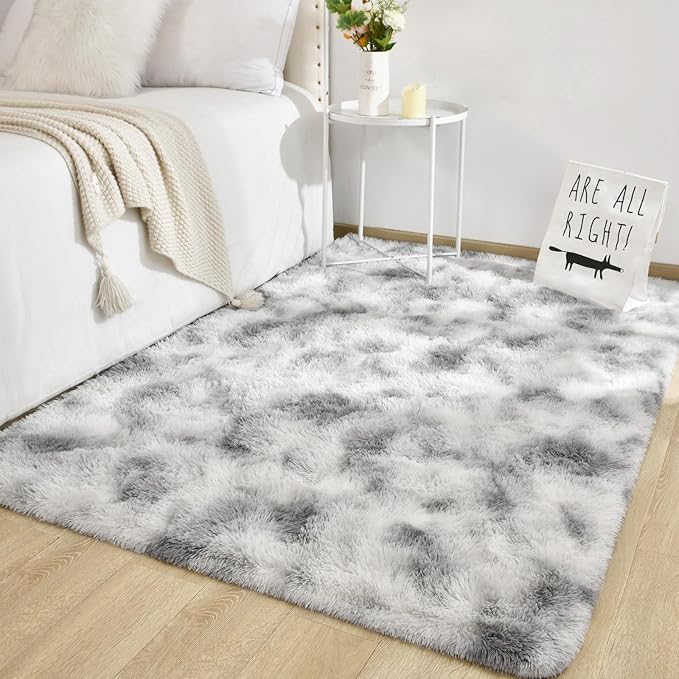 TWINNIS Super Soft Shaggy Rugs Fluffy Carpets 9x11 Feet, Indoor Modern Plush Area Rugs for Living Room Bedroom Kids Room Nursery Home Decor, Upgrade Anti-Skid Fuzzy Rug, Grey and White