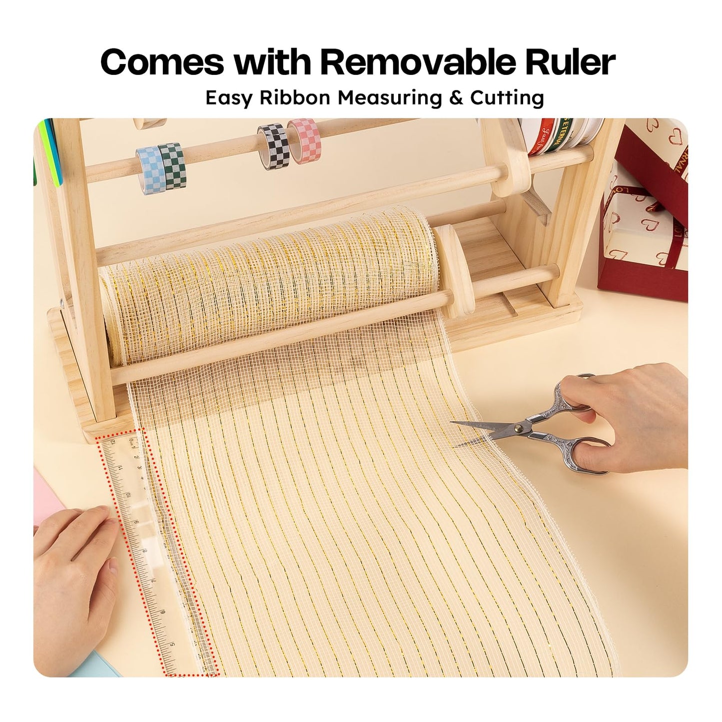 𝐂𝐫𝐚𝐟𝐢𝐭 Ribbon Storage Rack, 4-Tier Ribbon Organizer Spool Holder Dispenser, Display Sewing Thread Mesh Ribbon Wreath Washi Tape for Craft Room Shops Boutiques Florist Gift Wrapping