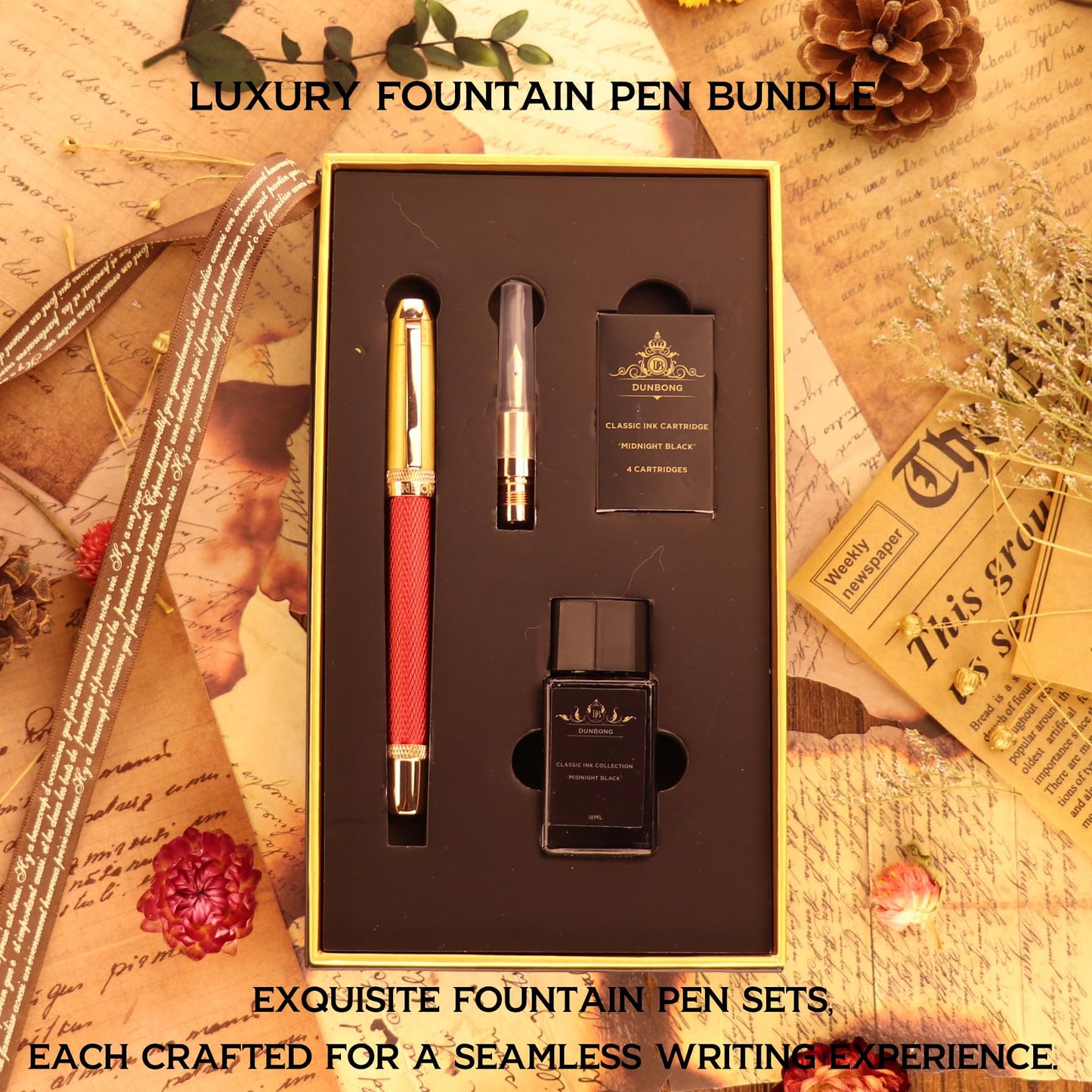 DUNBONG Luxury Fountain Pen, Aureate Gold Powder Finish, Gold Plating and Red Lacquer, Intricate Engraved Pattern, Gilded Medium Nib, Refillable Ink Converter, Luxury hard Gift Box(lion)