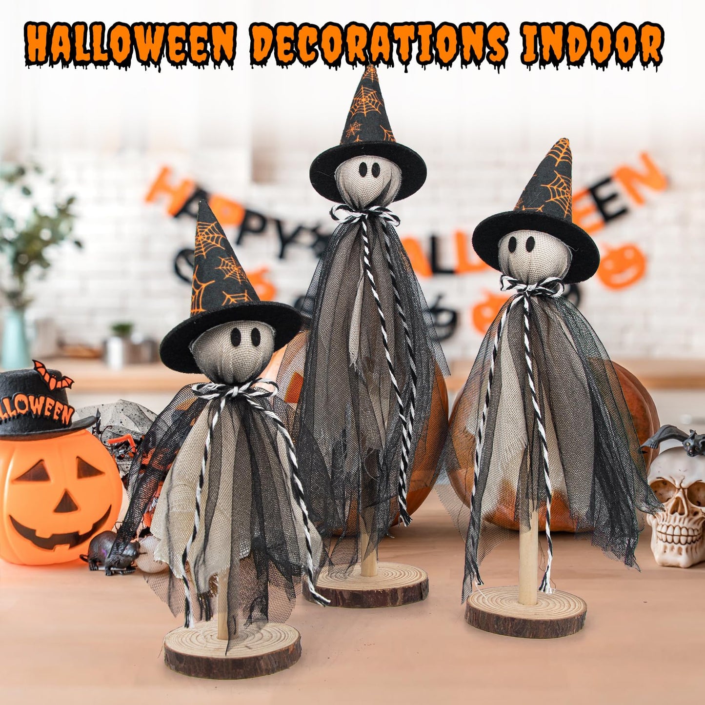Halloween Decorations Ghost Shelf Sitters – Set of 3 Wooden Halloween decor with Witch Hats – Fabric Ghost Figures with Spiderweb Design – Table Decor for Tiered Tray, Mantel, Party Supplies(Black)