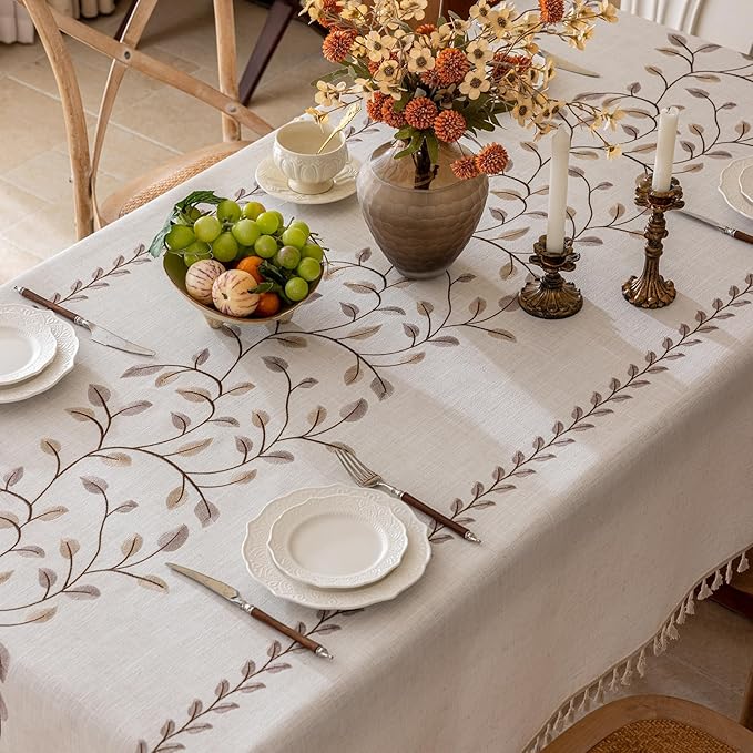 Joyfol Day Rectangle Linen Tablecloth, Heavy Duty Waterproof Tablecloths, Farmhouse Embroidery Leaves Table Cloth with Tassels, Soft Wrinkle Free Table Cover, Coffee Vines, 55''x 70''