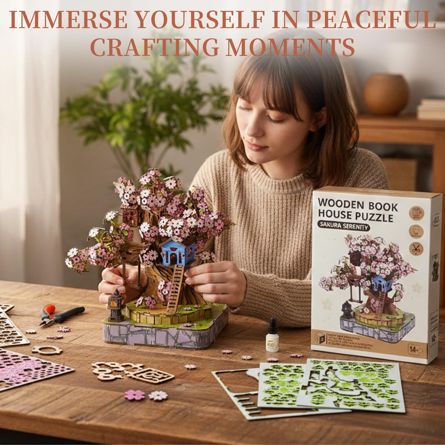 Sakura Tree House DIY Miniature House Kit for Adults, 564PCS 3D Wooden Puzzle with Light, Japanese Cherry Blossom Building Set, Wooden Craft Model Home Decor Gift