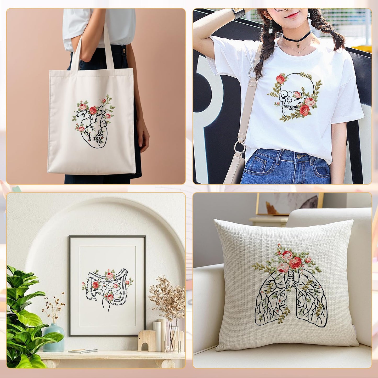 5 Sets Skull Embroidery Kits for Beginners Adults, Anatomy Embroidery Starter Kit for Doctors Nurses Christmas Gifts with Floral Stamped Pattern DIY Needlepoint Kit Cross Stitch Set Includes 2 Hoops