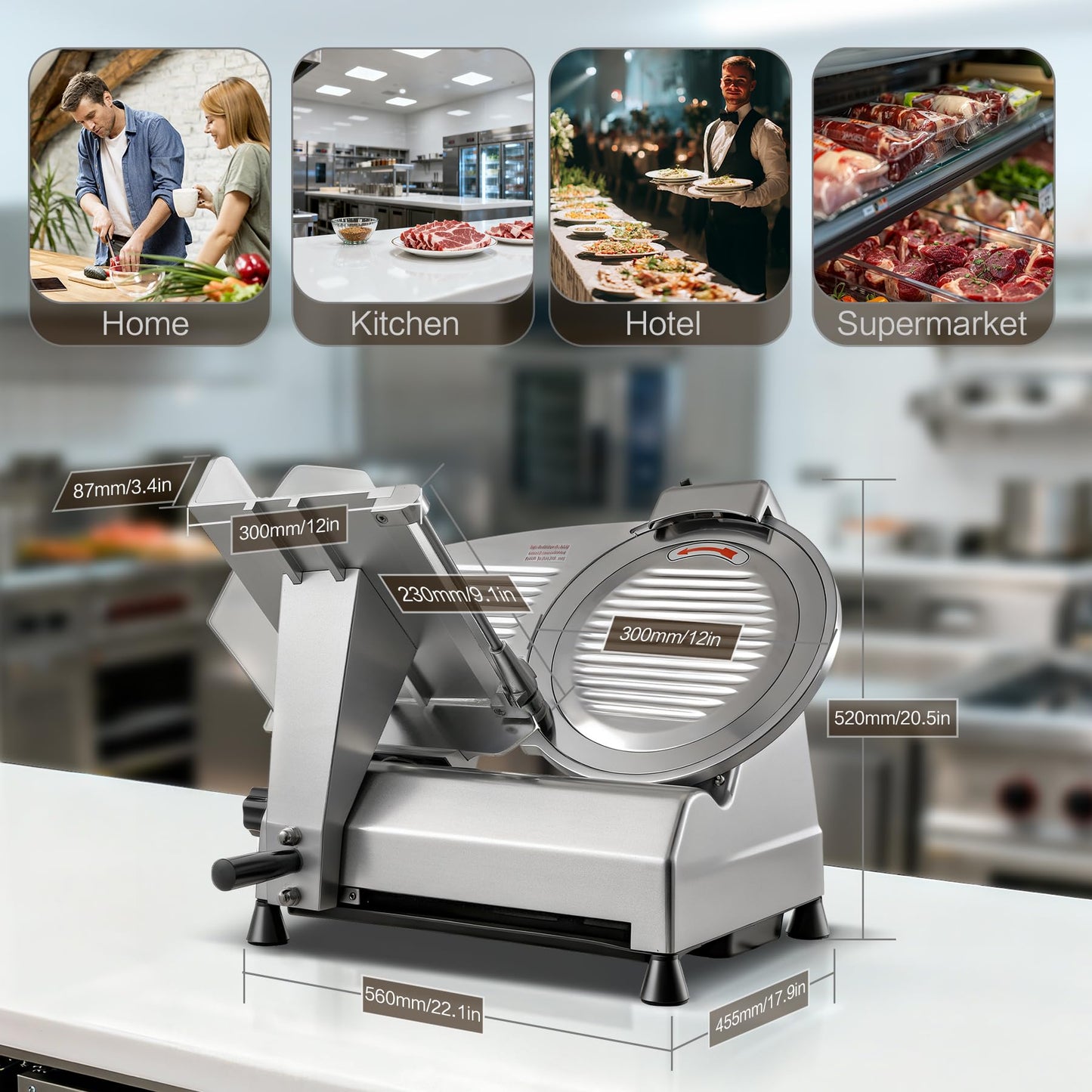 Zomagas 12-inch Commercial Meat Slicer, 270W Powerful Food Slicer, 0-18mm Thickness Adjustment, Built-in Sharpener, Suitable for Slicing Meat, Cheese, Vegetables, and More