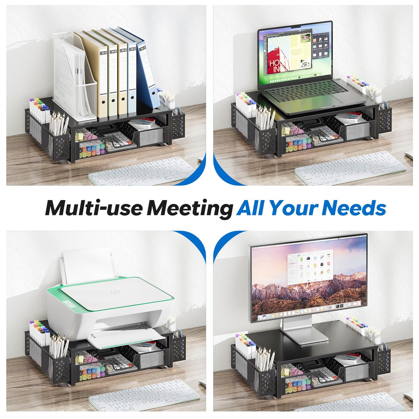 Simple Trending Desk Organizer and Accessories, Computer Metal Monitor Stand Riser with Drawer and Pen Holder for Laptop, Computer, iMac, Black