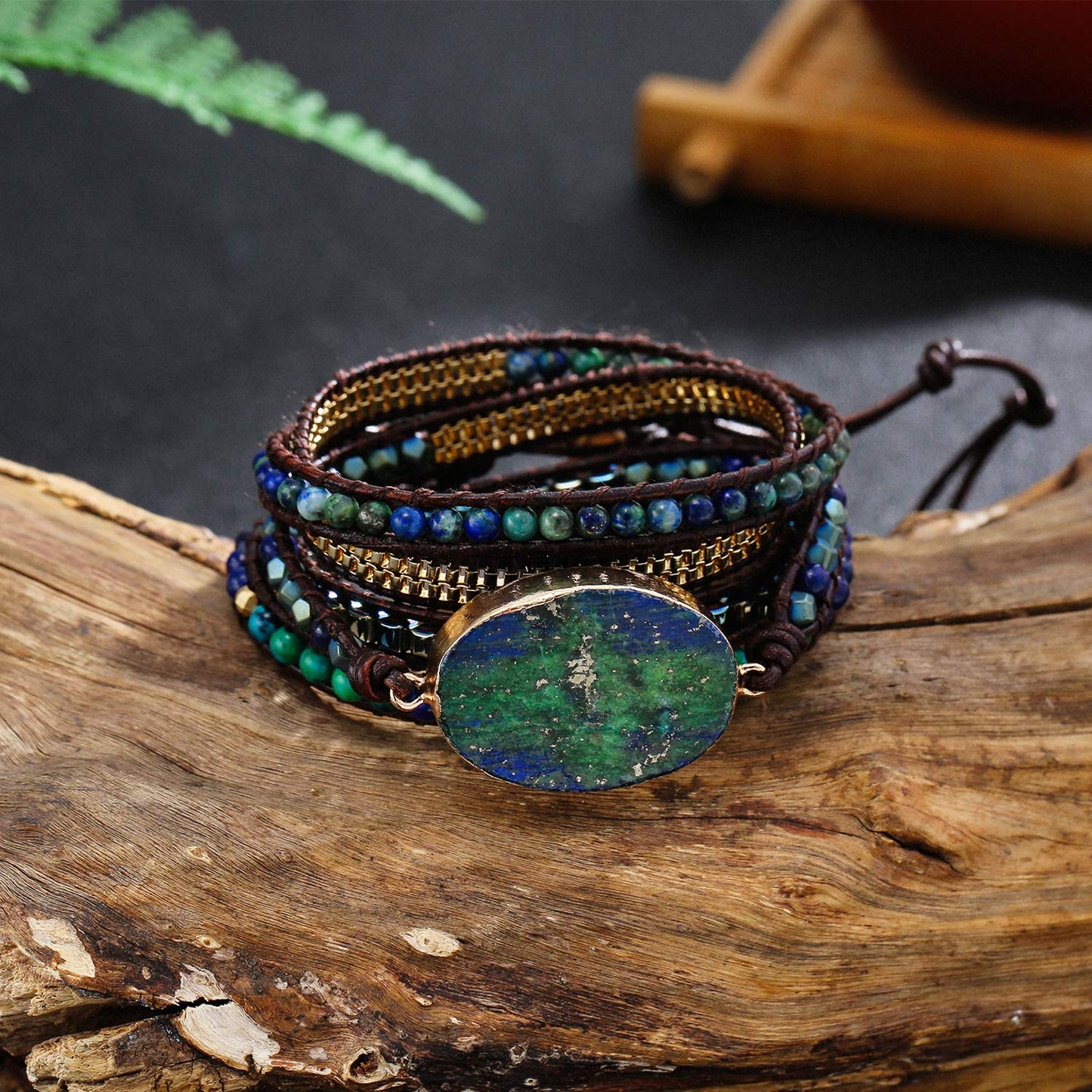 Plumiss Boho Leather 5 Wrap Natural Stone Chrysocolla Bracelet Handmade Gemstone Beaded Bracelet Jewelry Collection