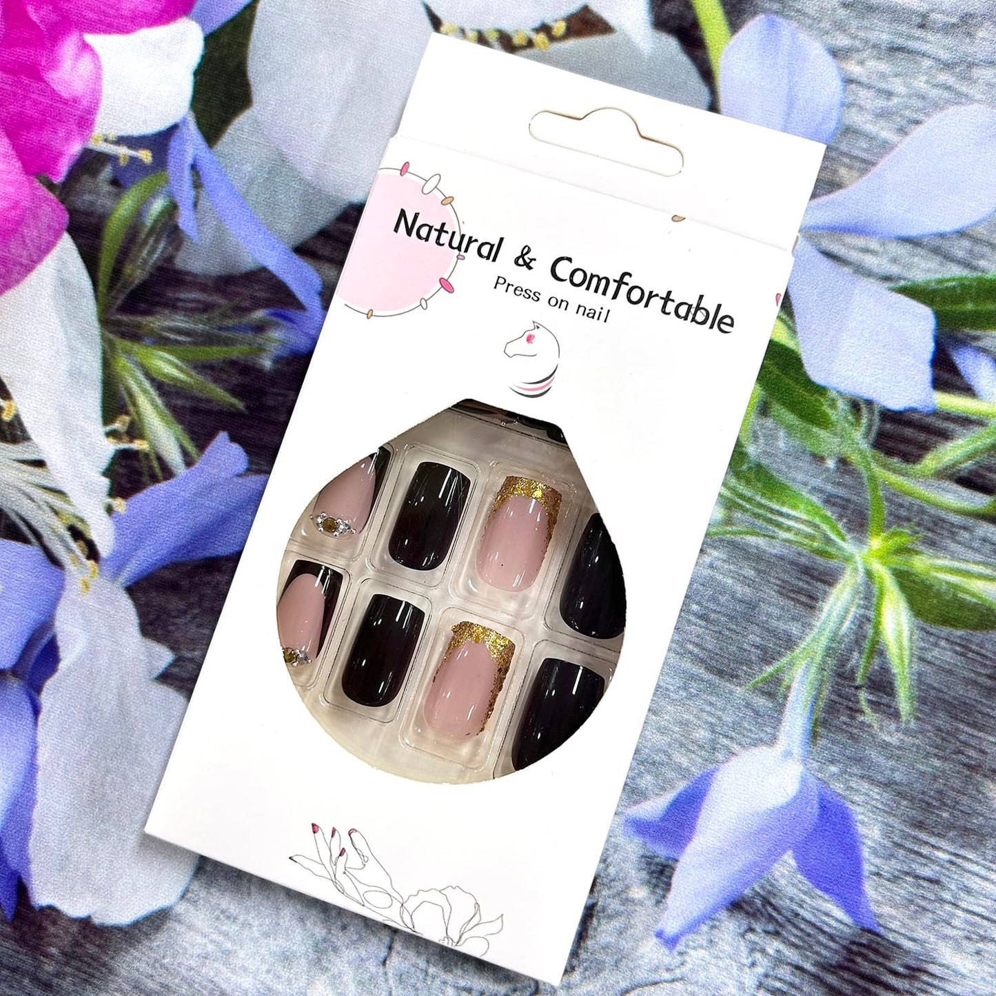 Press On Nails Square Gold French False Nails Glitter Sequins Rhinestones Design Short Full Cover Artificial Acrylic Coffin Nails Reusable Glue on DIY Stick on Nails for Women 24Pcs
