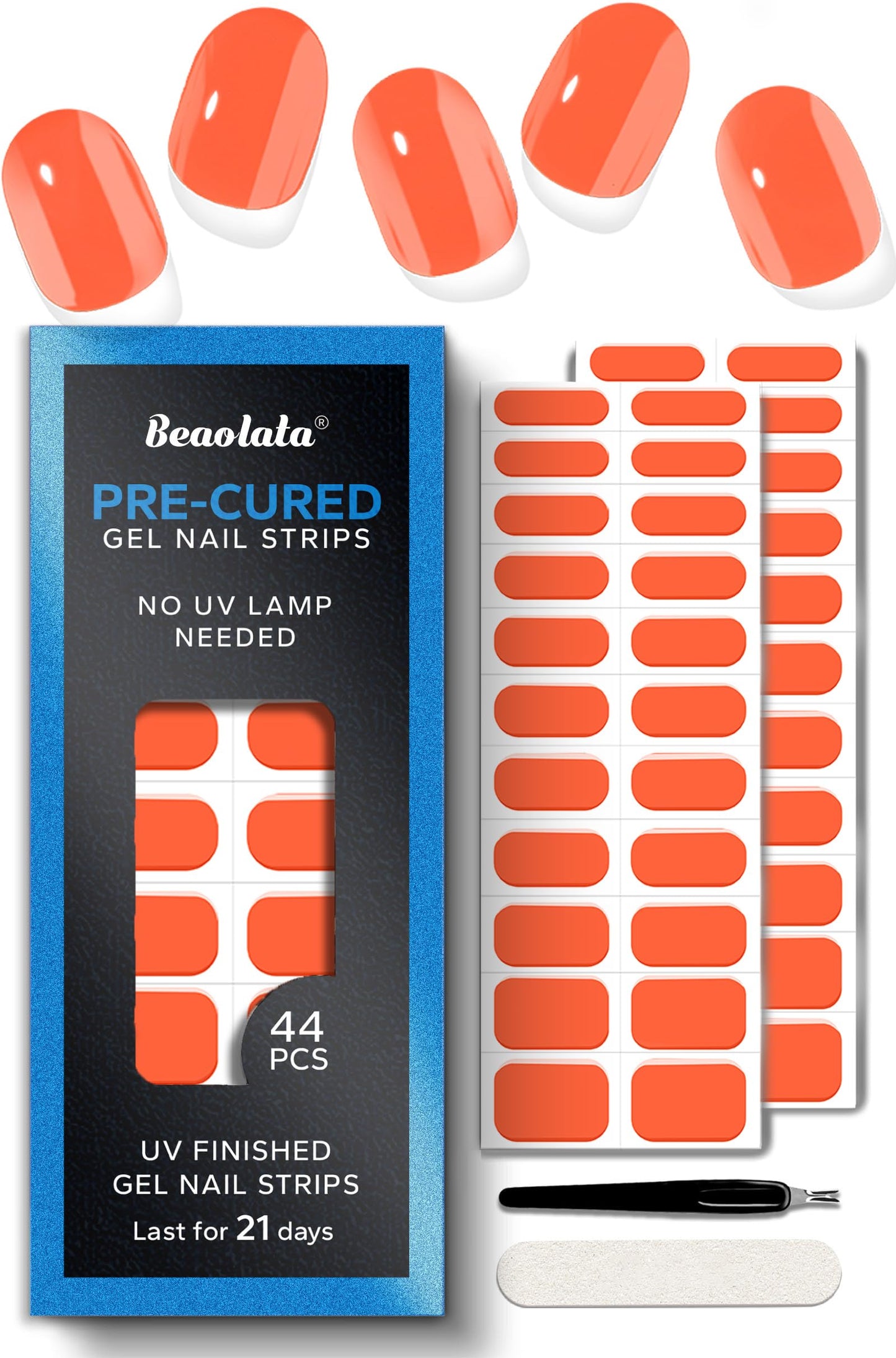 Beaolata Real Gel Nail Strips (No UV Light Needed) - 44Pcs Salon Quality Nail Stickers - Long Lasting Polish Wraps for Women, Easy Apply & Remove (Crimson Tip Orange)