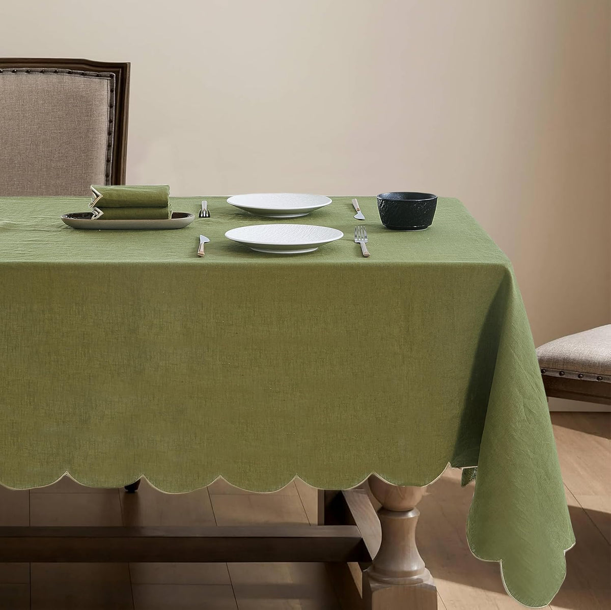 100% French Flax Linen Tablecloths Scalloped Embroidery Rectangle 84Lx60W Inch for Dinners, Parties, Spring, Easter, Machine Washable, 6-8 Sets, Olive Green(Edges-Gold)