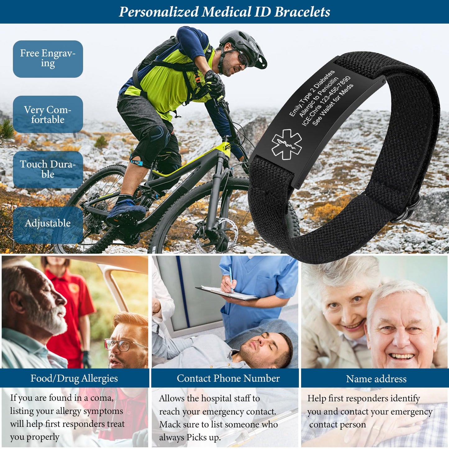 VNOX Medical Alert Id Bracelet for Men, Type 2 Diabetes Medical Alert Bracelets for Men Patients