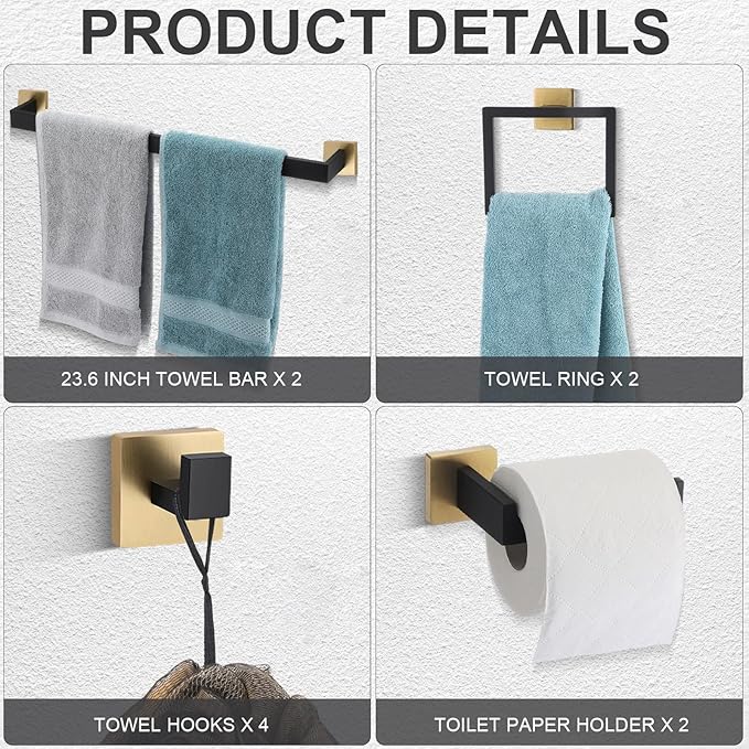Gisafai 10 Pcs Bathroom Hardware Accessories Set 23.6 Inch Bath Towel Bar Kit Stainless Steel Bathroom Hardware Set Towel Racks Ring Hooks Paper Holder for Wall Mounted (Black Gold)