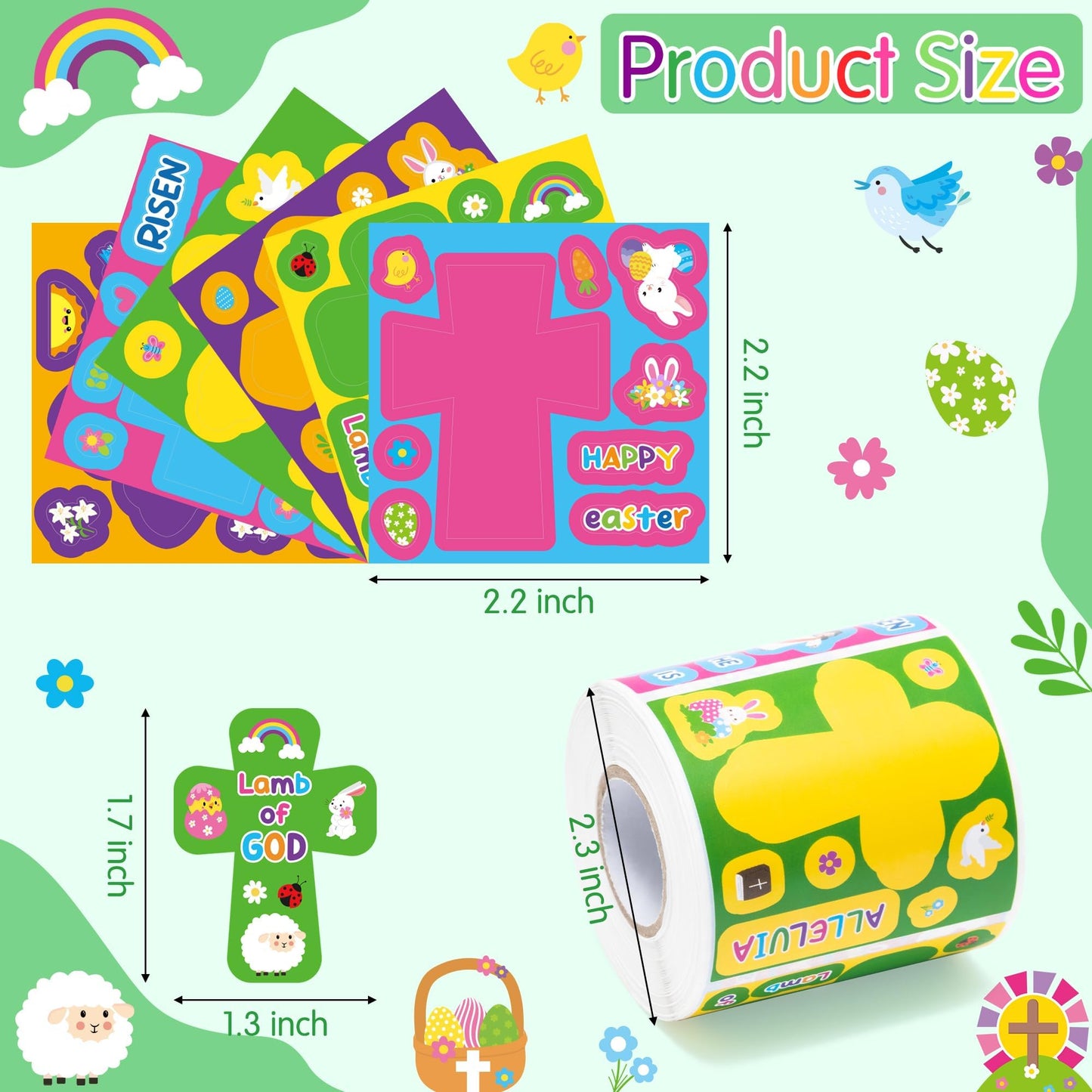 Haooryx Easter DIY Sticker Roll - 300Pcs Christain Religious Cross Shape Make A Face Stickers Self Adhesive Vinyl Waterproof Label Decal Water Bottle Laptop Skateboard Easter Egg Filler Party Supplies