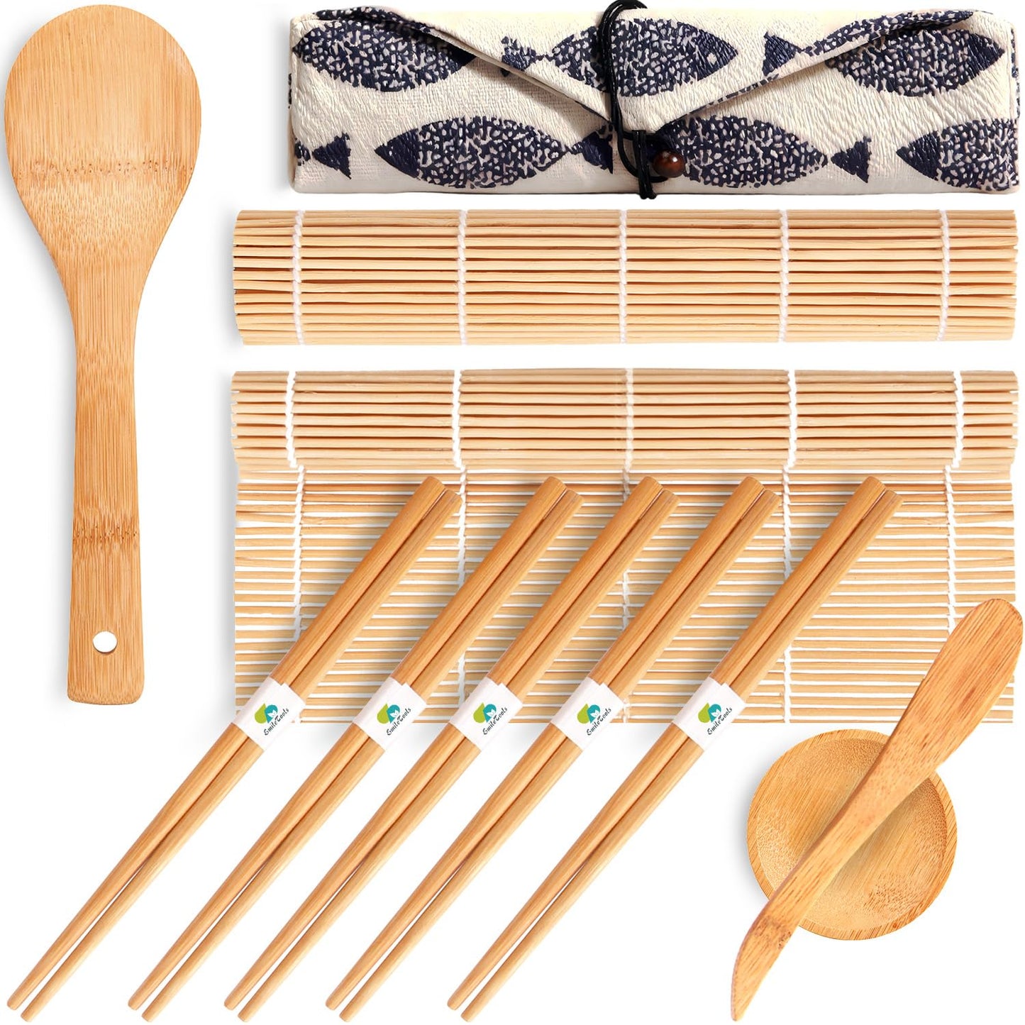 SmileTools No Plastic Bamboo Sushi Making Kit, Sushi Roller, 2 Bamboo Sushi Rolling Mats, 5 Pairs Chopsticks, Sauce Dish, Rice Paddle - Natural Sushi Maker Set for Beginners DIY Sushi at Home