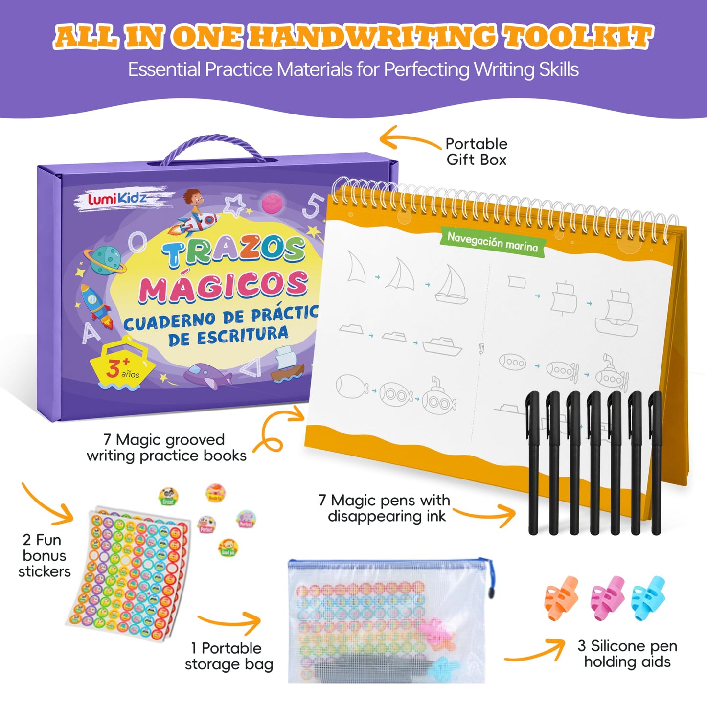Lumikidz Spanish Magic Grooved Writing Practice for Kids Age 3-5 - Reusable Grooved Handwriting Practice Books for Kids 3-5 - Spanish Preschool Tracing Workbook - Learn Spanish Writing for Kids 5-7