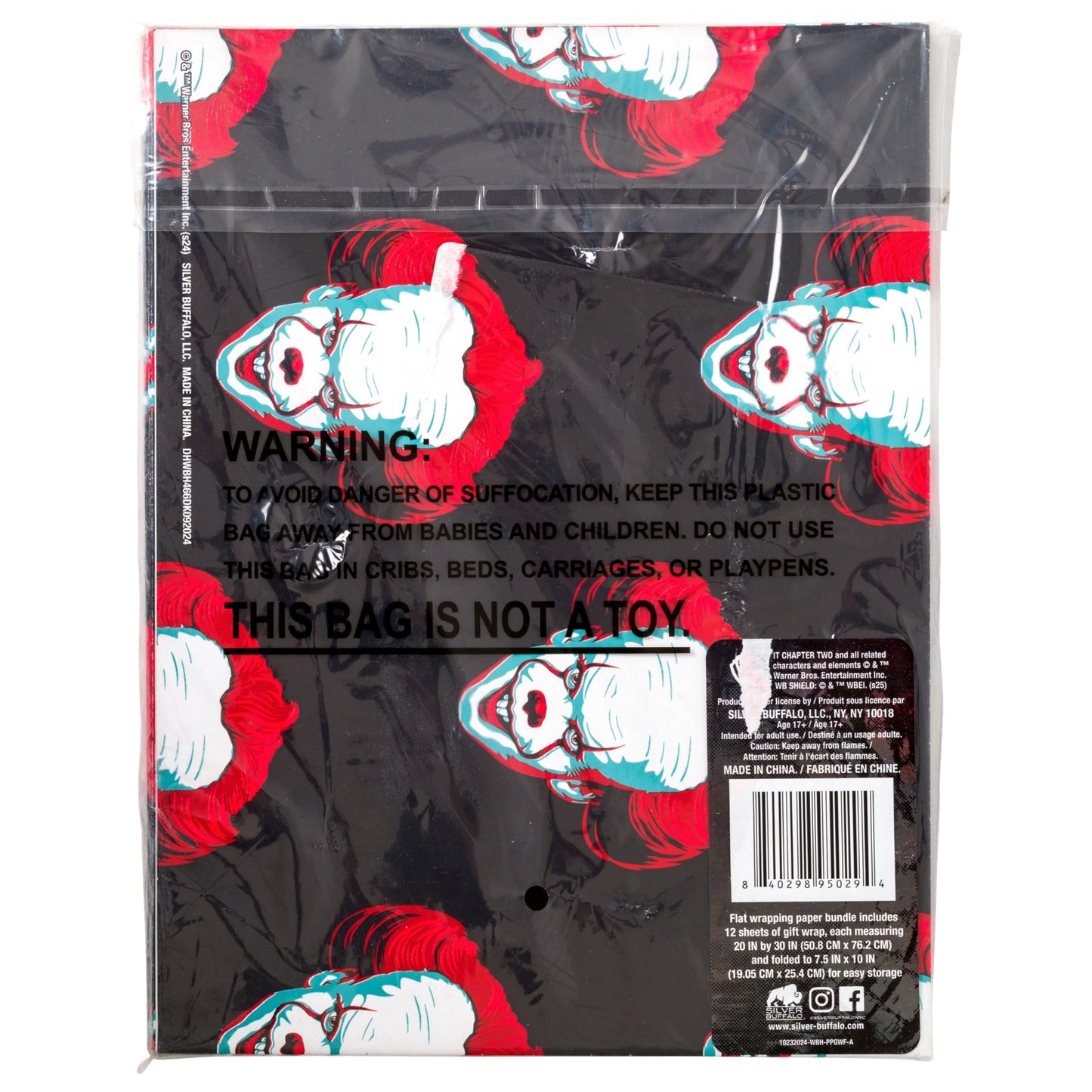 Silver Buffalo IT Pennywise Horror Wrapping Paper - 12 Sheets - 20" x 30" - Festive Holiday and All Year Round Gift Wrap