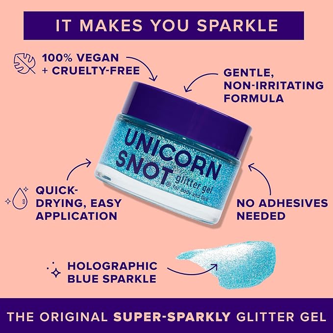 Unicorn Snot Face & Body Glitter Gel - Cosmetic-Grade Holographic Glitter - Stocking Stuffers for Women, Gifts for Teen Girls - Safe for Face, Easy Application & Removal - Blue Glitter, 1.7oz (Sky)
