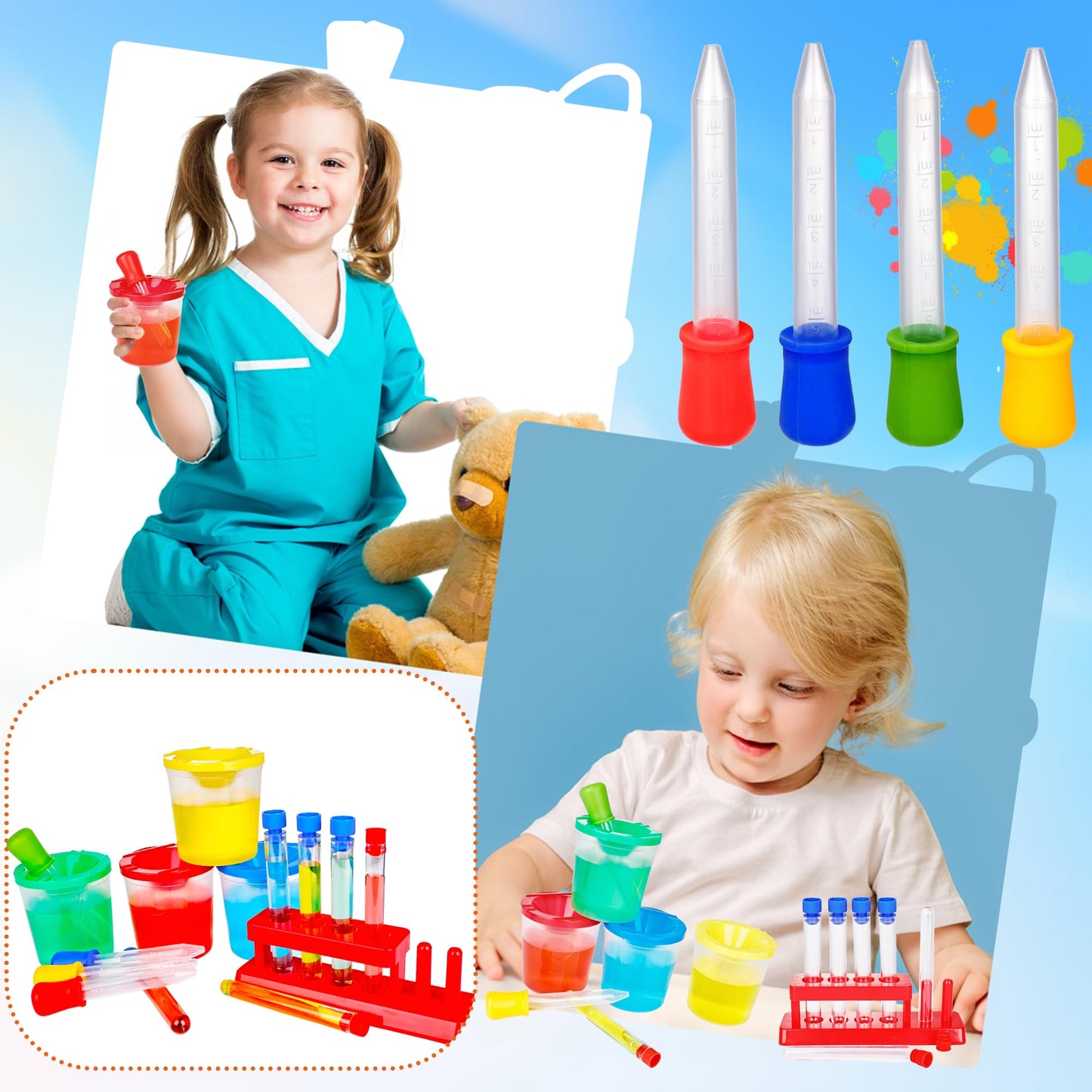 30 Pcs Science Test Tubes Set Include Clear Plastic Test Tubes with Caps Paint Cup Storage Stand Droppers for Kids Little Scientist Lab Party Supplies Color Science Experiments