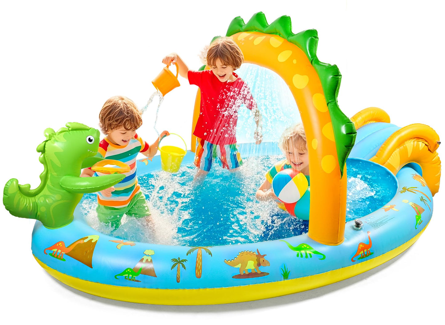SULIFEEL Dinosaurs Inflatable Play Center Kiddie Pool with Slide and Sprinkler for Children, 96''x59''x39'' Baby Pool for Backyard and Garden