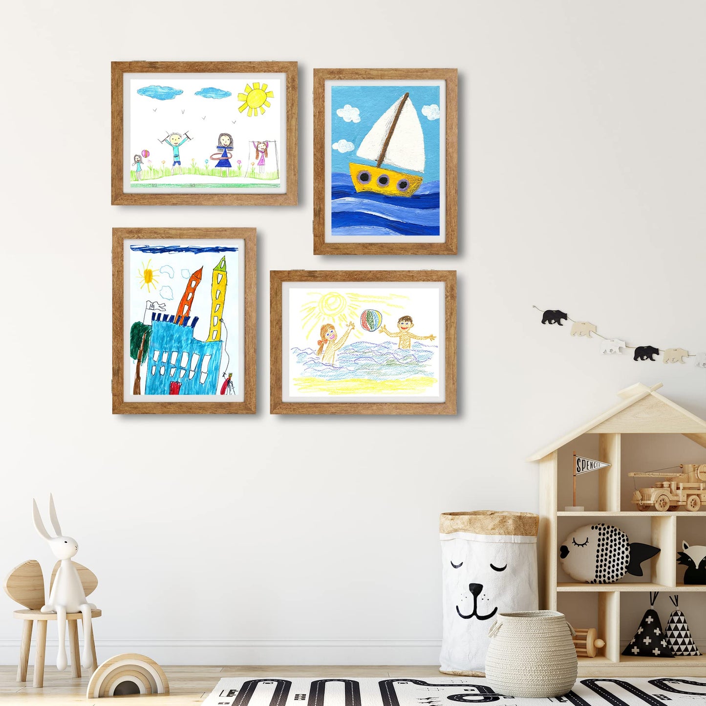 Kids Art Frames 8.5x11 - Front Opening Childrens Picture Frame Changeable, Wood Artwork Display Storage for Wall Mount, Magnetic Door Holds 50 Art Pieces for Drawings, 3D Picture, Crafts, Portfolio, Brown