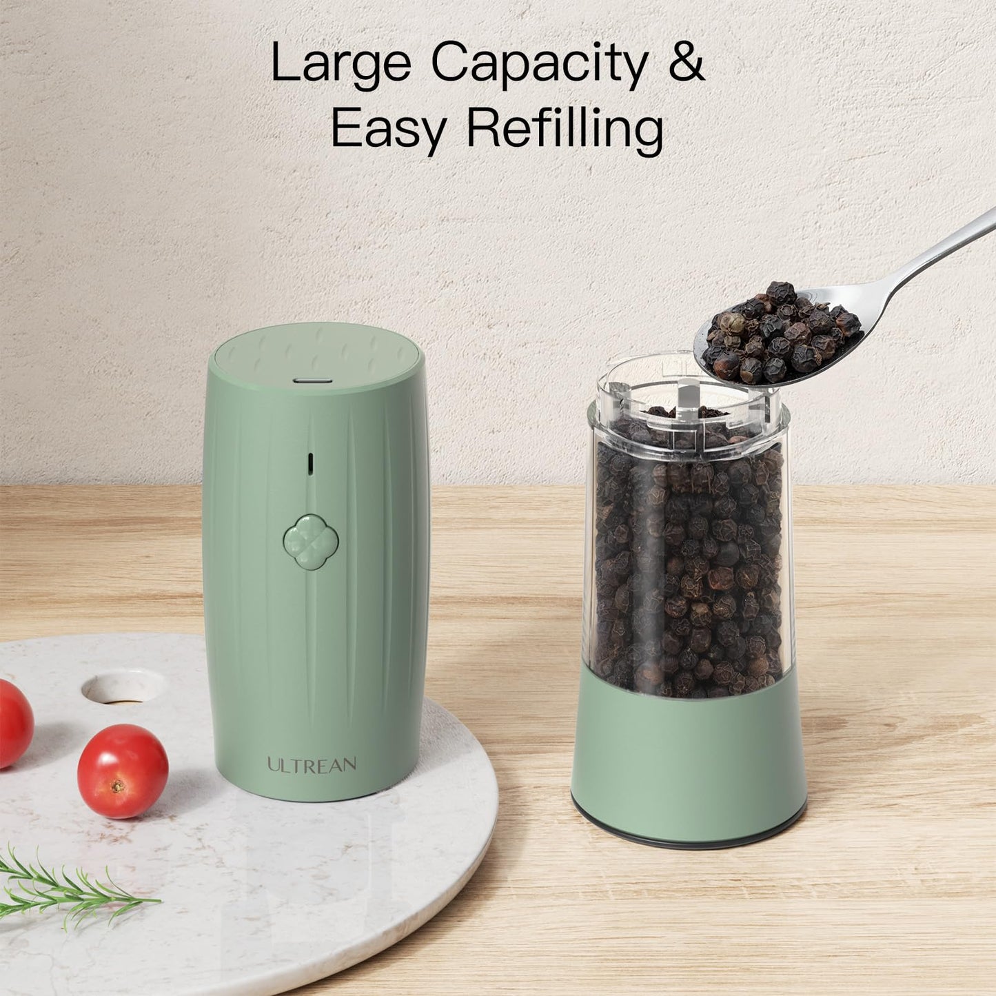 Ultrean Pepper Grinder, Electric Salt and Pepper Grinder Set with USB-C Rechargeable, Spice Mill, 6 Adjustable Coarseness, LED Light, Larger Capacity, Gift for Women Mom, Green